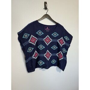 Johnny Was Tunic Top Geometric Linen Embroidered Small Short Sleeve Navy
